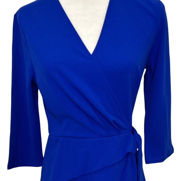 GRACE KARIN Womens Blue Faux Wrap V Neck Pleated Stretchy Dress Small NWT - Picture 4 of 7